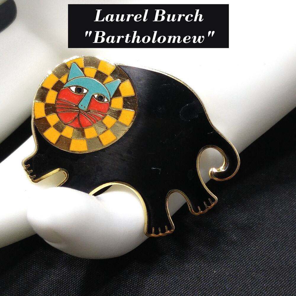 Laurel Burch "Bartholomew" Brooch, Gold Plated Cloisonné, Black Gold Enamel